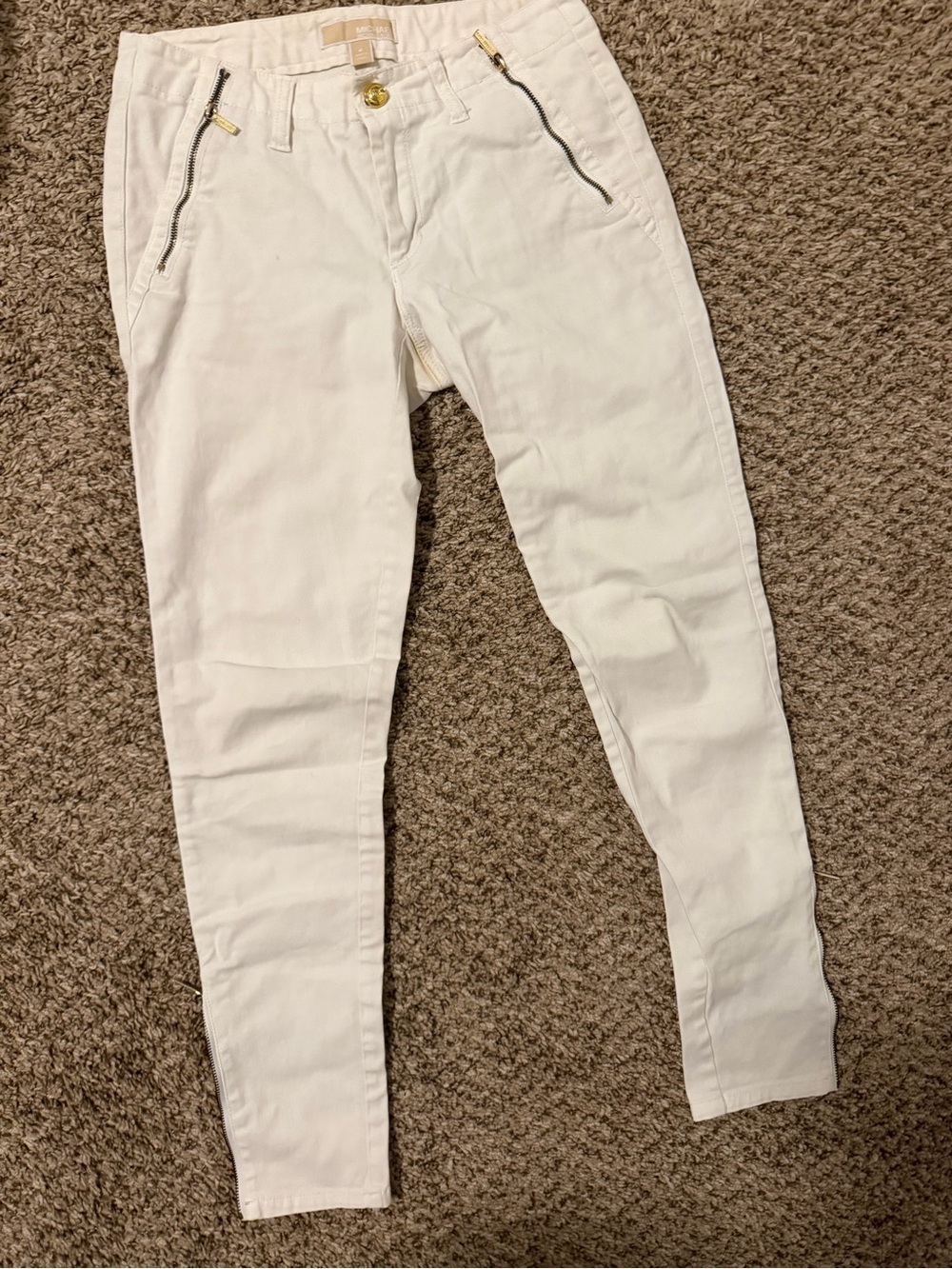Michael Kors White High-Rise Pants with Gold Button
